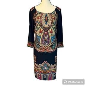 London Times Stained Glass Baroque Shift Skimmer Dress Size 12 Navy Colorful